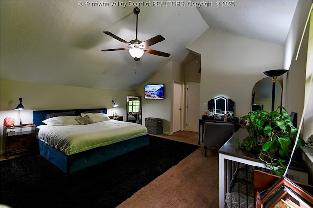 5427 Hillbrook Dr, Charleston, WV 25313 - carpeted bedroom with a ceiling fan and high vaulted ceiling