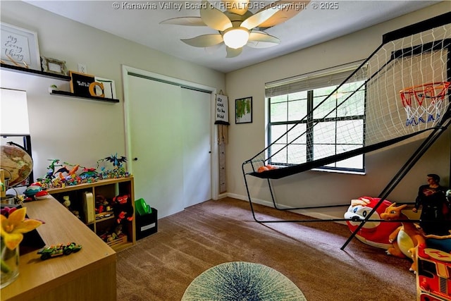 5427 Hillbrook Dr, Charleston, WV 25313 - game room featuring carpet flooring, a ceiling fan, and baseboards