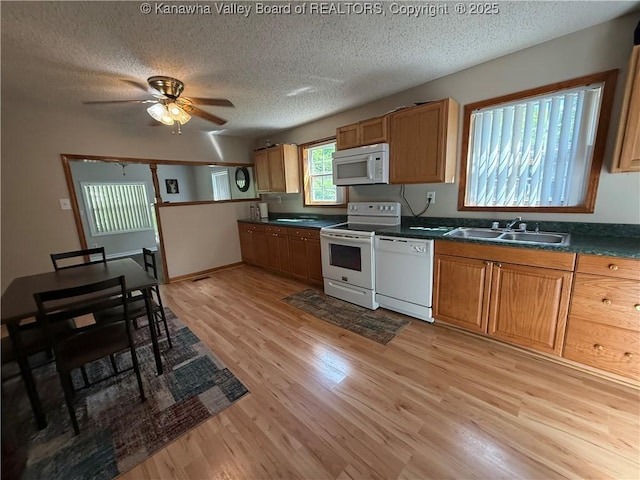 1886 Whitman Creek Rd, Whitman, WV 25652 - kitchen featuring white appliances, a sink, dark countertops, a textured ceiling, and light wood-style flooring