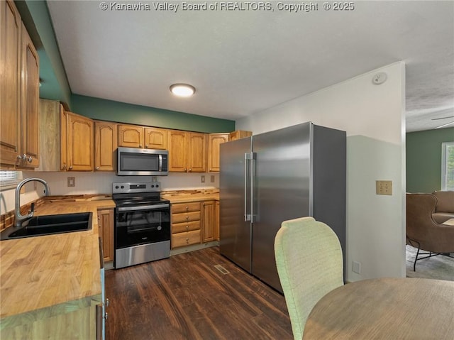 kitchen featuring appliances with stainless steel finishes, a sink, dark wood-style flooring, and wooden counters