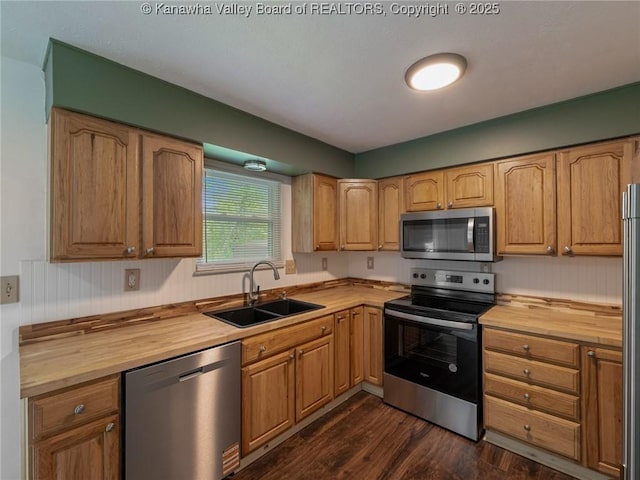 kitchen with stainless steel appliances, a sink, wood counters, and dark wood-type flooring