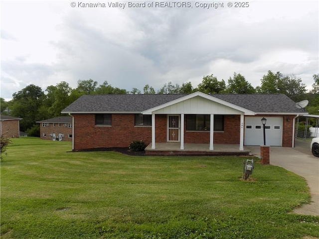 101 Ebony Dr, Cross Lanes, WV 25313 - ranch-style home featuring an attached garage, brick siding, concrete driveway, a front lawn, and a porch