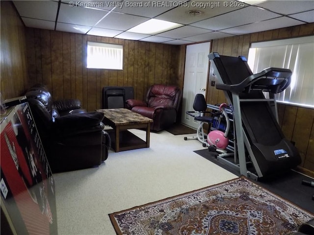 101 Ebony Dr, Cross Lanes, WV 25313 - workout room with wooden walls, carpet, and a drop ceiling