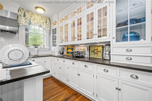 1223 Staunton Rd, Charleston, WV 25314 - kitchen with dark countertops, white cabinets, glass insert cabinets, and dark wood-style flooring