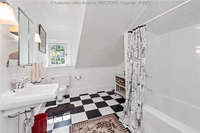 1223 Staunton Rd, Charleston, WV 25314 - bathroom featuring tile patterned floors, toilet, shower / bathtub combination with curtain, and vaulted ceiling
