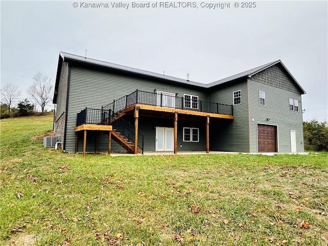 2885 Emma Rd, Given, WV 25245 - rear view of house with a deck, stairway, an attached garage, a yard, and central AC unit