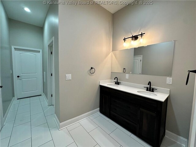 2885 Emma Rd, Given, WV 25245 - full bath featuring double vanity, baseboards, and tile patterned floors
