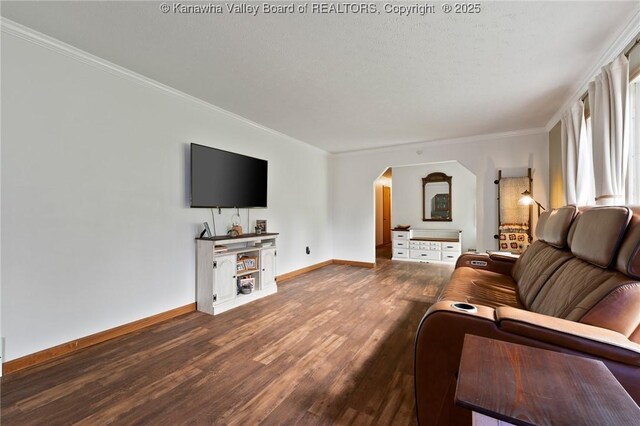 3589 Mount Union Rd, Fraziers Bottom, WV 25082 - living room featuring wood finished floors, baseboards, crown molding, and arched walkways