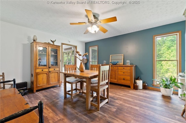 3589 Mount Union Rd, Fraziers Bottom, WV 25082 - dining area featuring a textured ceiling, a ceiling fan, dark wood-style floors, and baseboards