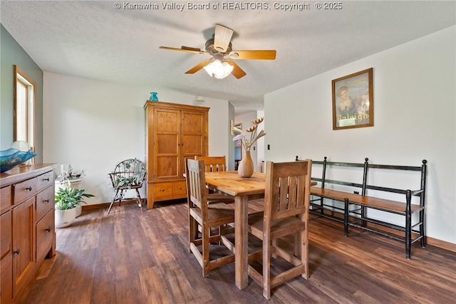 3589 Mount Union Rd, Fraziers Bottom, WV 25082 - dining room with dark wood-style flooring, ceiling fan, and baseboards