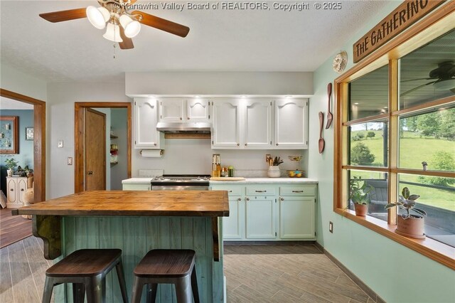 3589 Mount Union Rd, Fraziers Bottom, WV 25082 - kitchen with stainless steel electric range oven, butcher block counters, wood finish floors, a breakfast bar, and white cabinetry
