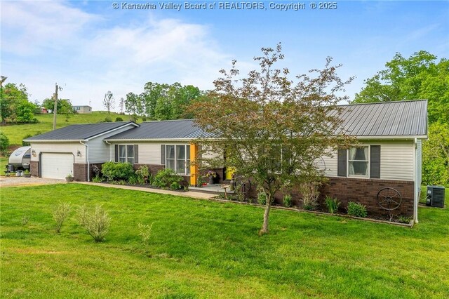 3589 Mount Union Rd, Fraziers Bottom, WV 25082 - ranch-style house with brick siding, an attached garage, central AC unit, dirt driveway, and a front yard