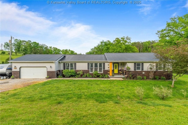 3589 Mount Union Rd, Fraziers Bottom, WV 25082 - ranch-style house with brick siding, driveway, metal roof, an attached garage, and a front lawn