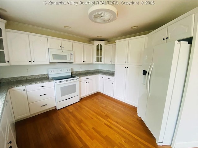 516 Woodbridge Dr, Charleston, WV 25311 - kitchen with white appliances, wood finished floors, glass insert cabinets, white cabinetry, and recessed lighting
