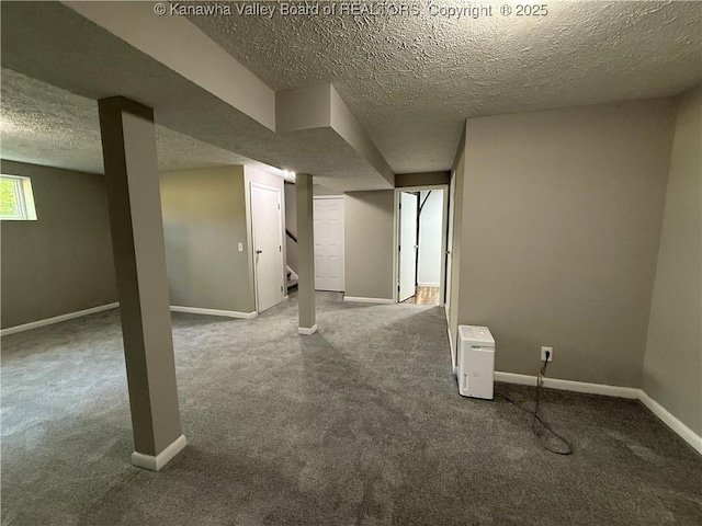 2 Stephanie Ln, Saint Albans, WV 25177 - basement featuring a textured ceiling, carpet floors, baseboards, and stairs