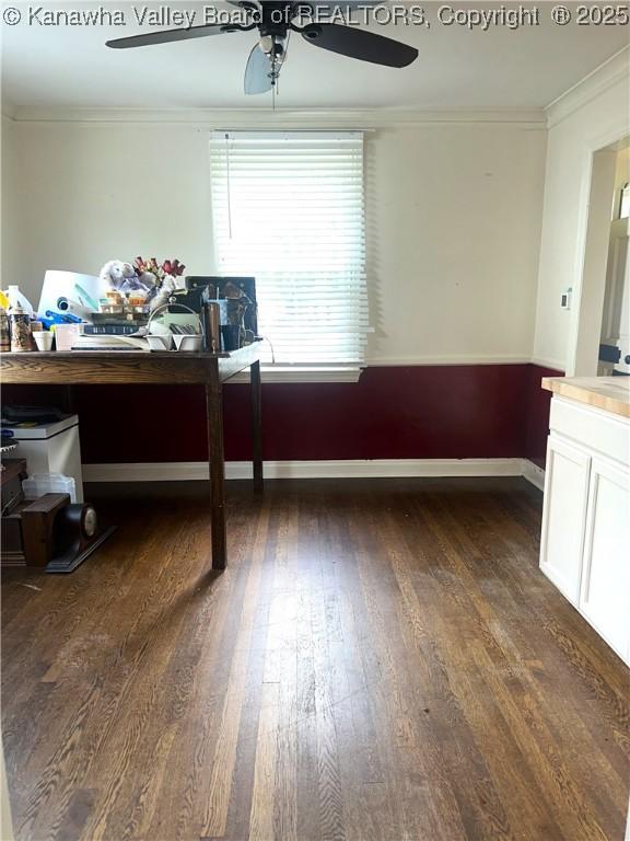 5106 Staunton Ave SE, Charleston, WV 25304 - office space with dark wood finished floors, a ceiling fan, baseboards, and ornamental molding