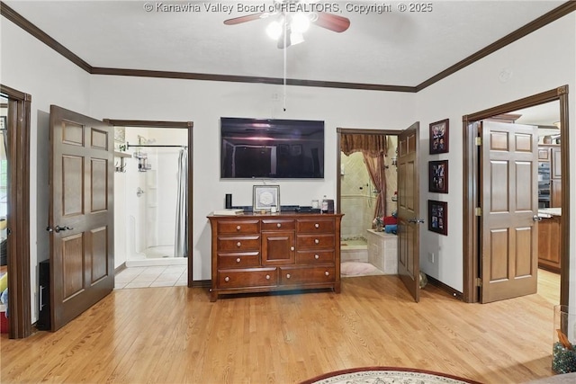 3282 Greenview Rd, South Charleston, WV 25303 - bedroom featuring ensuite bath, light wood finished floors, crown molding, baseboards, and a ceiling fan