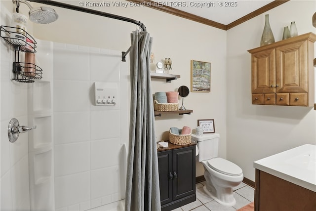 3282 Greenview Rd, South Charleston, WV 25303 - bathroom with ornamental molding, toilet, a shower with curtain, tile patterned floors, and vanity