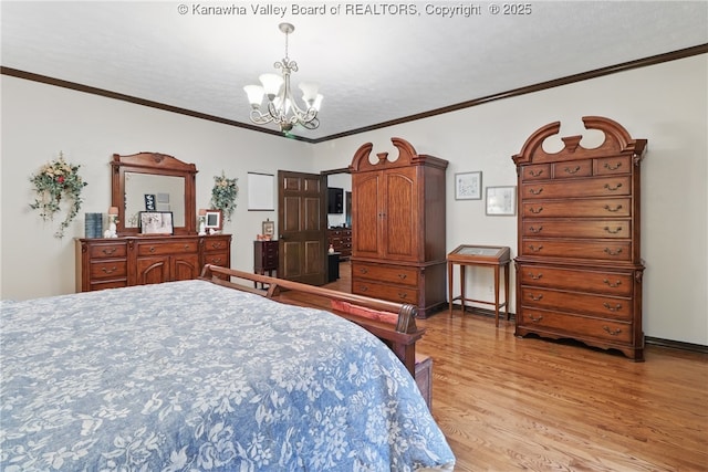 3282 Greenview Rd, South Charleston, WV 25303 - bedroom with a chandelier, light wood-style floors, and crown molding