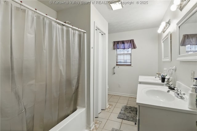 3282 Greenview Rd, South Charleston, WV 25303 - full bathroom featuring tile patterned floors, double vanity, shower / bathtub combination with curtain, and baseboards