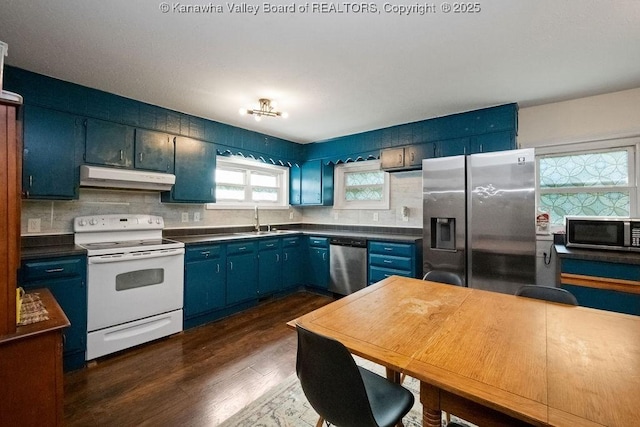 kitchen with stainless steel appliances, under cabinet range hood, a sink, blue cabinetry, and decorative backsplash