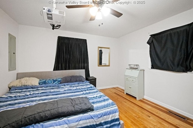 bedroom featuring electric panel, light wood-style flooring, baseboards, and ceiling fan