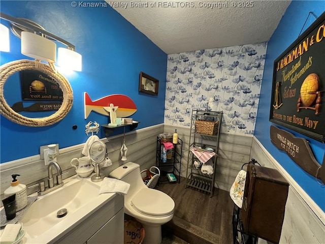 103 Chestnut Dr, Peytona, WV 25154 - half bath with a wainscoted wall, a textured ceiling, wood finished floors, toilet, and vanity
