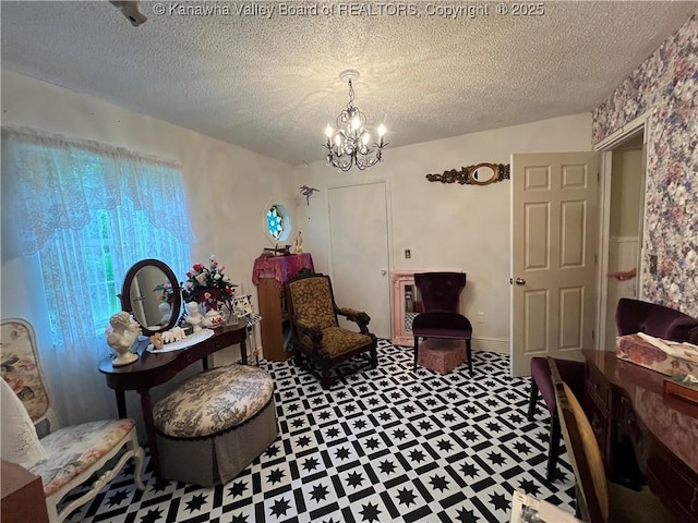 103 Chestnut Dr, Peytona, WV 25154 - living area with tile patterned floors, a chandelier, and a textured ceiling