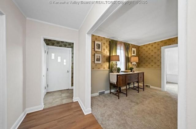 608 Kanawha Ave, Clendenin, WV 25045 - office space featuring ornamental molding, wallpapered walls, baseboards, and wood finished floors