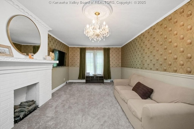 608 Kanawha Ave, Clendenin, WV 25045 - carpeted living area featuring a wainscoted wall, a chandelier, wallpapered walls, ornamental molding, and a brick fireplace