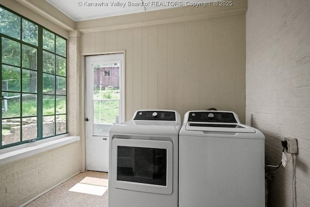 608 Kanawha Ave, Clendenin, WV 25045 - laundry area with washer and dryer, crown molding, healthy amount of natural light, and carpet floors