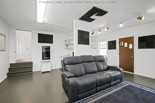 608 Kanawha Ave, Clendenin, WV 25045 - living area with attic access, baseboards, and stairs