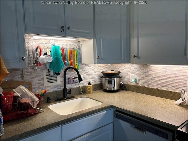 1800 Roundhill Rd Unit 901, Charleston, WV 25304 - kitchen featuring dishwasher, a sink, backsplash, and blue cabinets