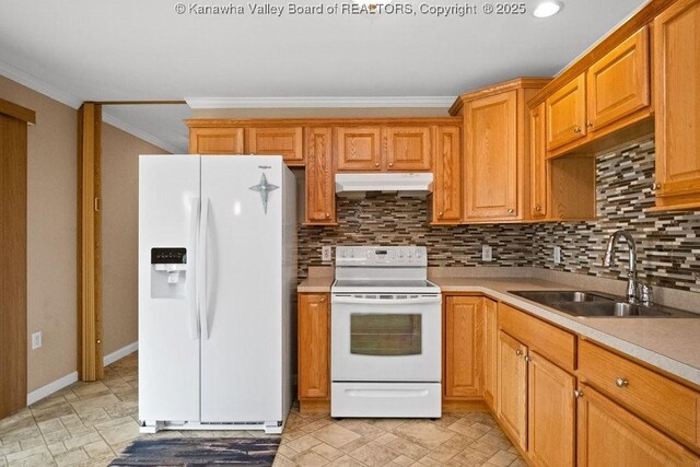 5211 Ohio St, South Charleston, WV 25309 - kitchen featuring white appliances, a sink, under cabinet range hood, crown molding, and backsplash