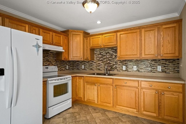 5211 Ohio St, South Charleston, WV 25309 - kitchen featuring white appliances, a sink, under cabinet range hood, crown molding, and light countertops