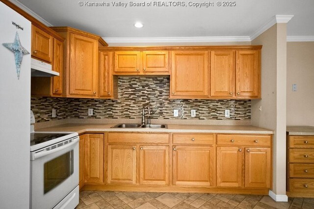 5211 Ohio St, South Charleston, WV 25309 - kitchen featuring white electric range oven, a sink, under cabinet range hood, crown molding, and light countertops