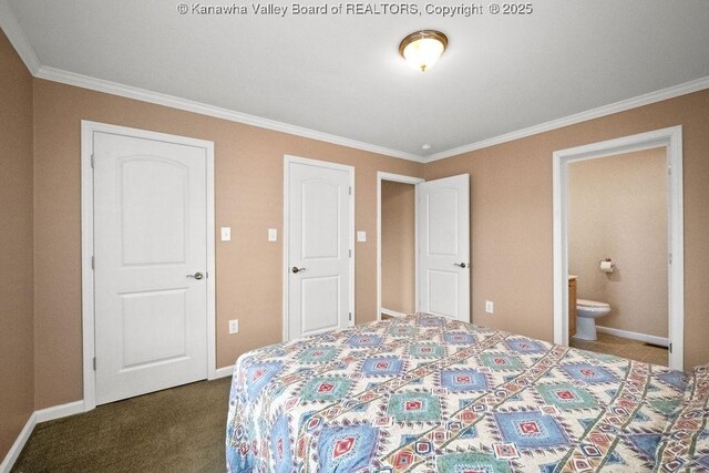 5211 Ohio St, South Charleston, WV 25309 - bedroom featuring ornamental molding, baseboards, connected bathroom, and dark carpet