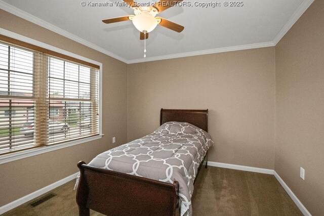 5211 Ohio St, South Charleston, WV 25309 - carpeted bedroom featuring baseboards, ornamental molding, and a ceiling fan