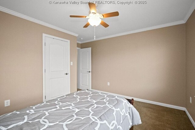 5211 Ohio St, South Charleston, WV 25309 - carpeted bedroom with ornamental molding, baseboards, and ceiling fan