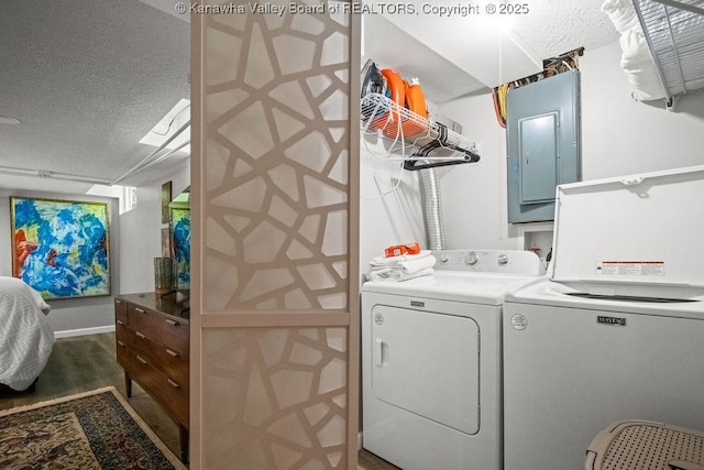 606 Fort Hill Dr, Charleston, WV 25314 - clothes washing area with separate washer and dryer, a textured ceiling, electric panel, and wood finished floors