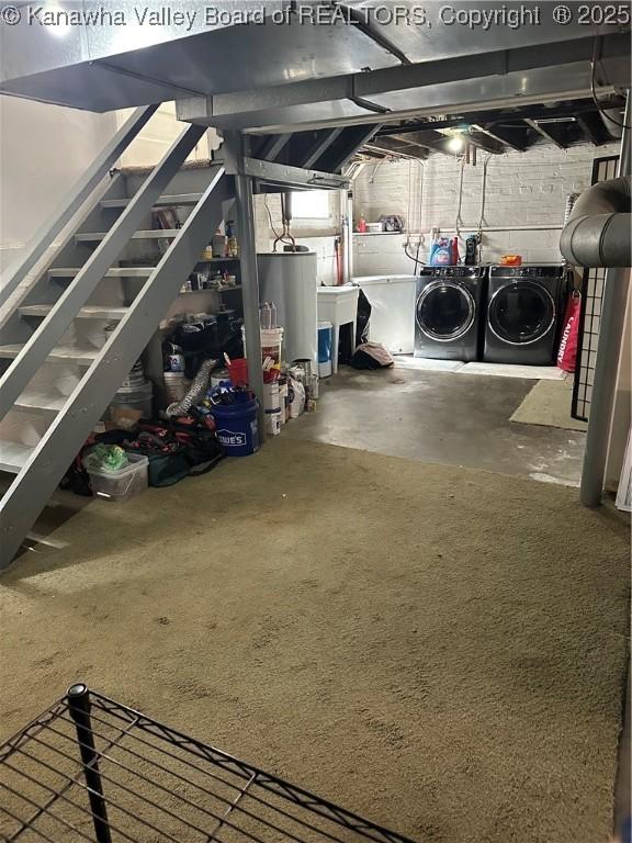 5505 Washington Ave, Charleston, WV 25304 - unfinished below grade area with independent washer and dryer, stairs, and gas water heater