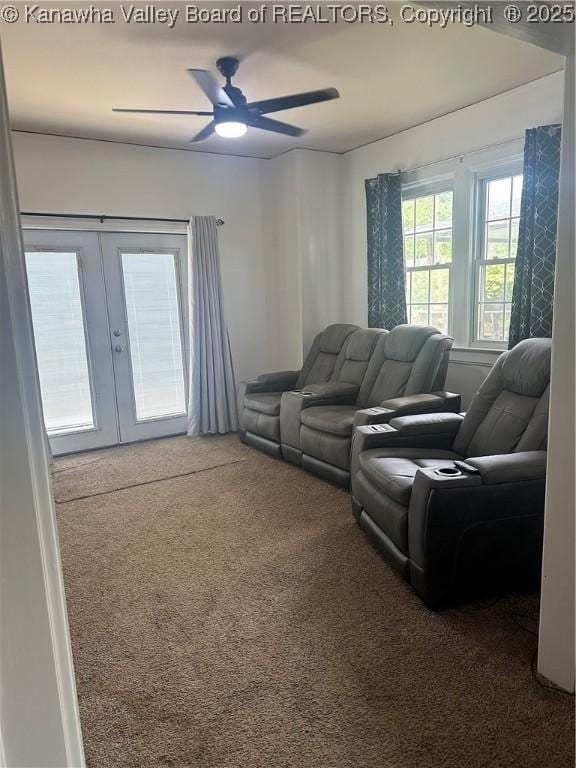 5505 Washington Ave, Charleston, WV 25304 - living room featuring carpet flooring, french doors, and a ceiling fan