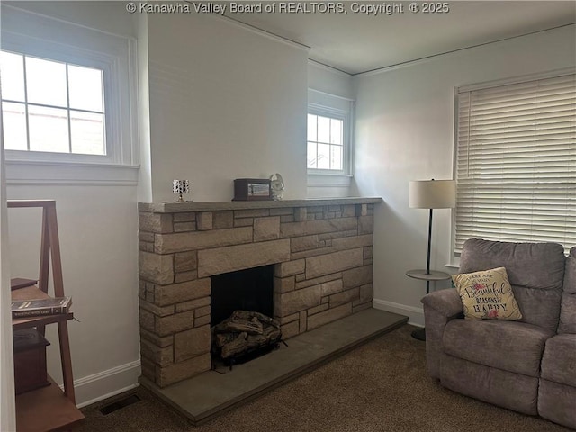 5505 Washington Ave, Charleston, WV 25304 - carpeted living room with baseboards and a stone fireplace