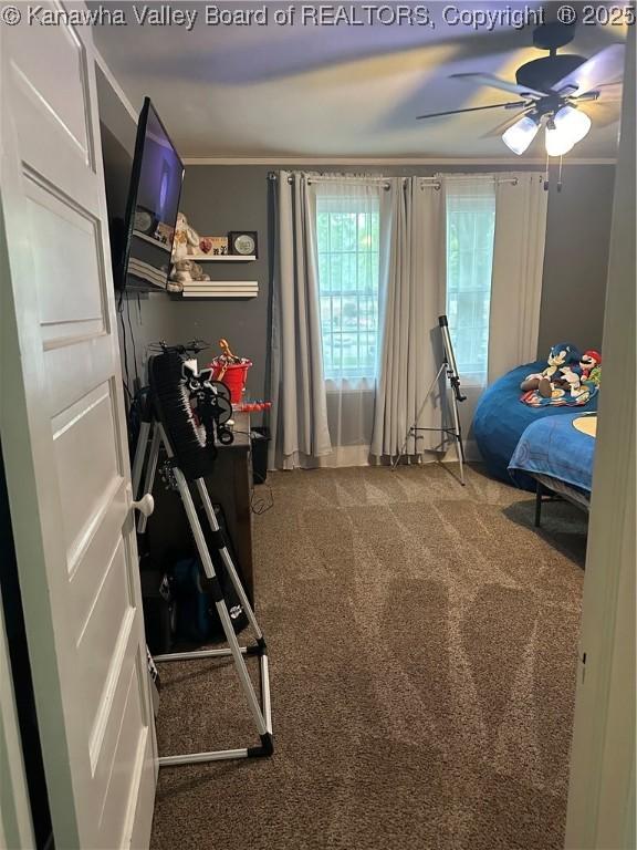 5505 Washington Ave, Charleston, WV 25304 - carpeted bedroom featuring crown molding and a ceiling fan