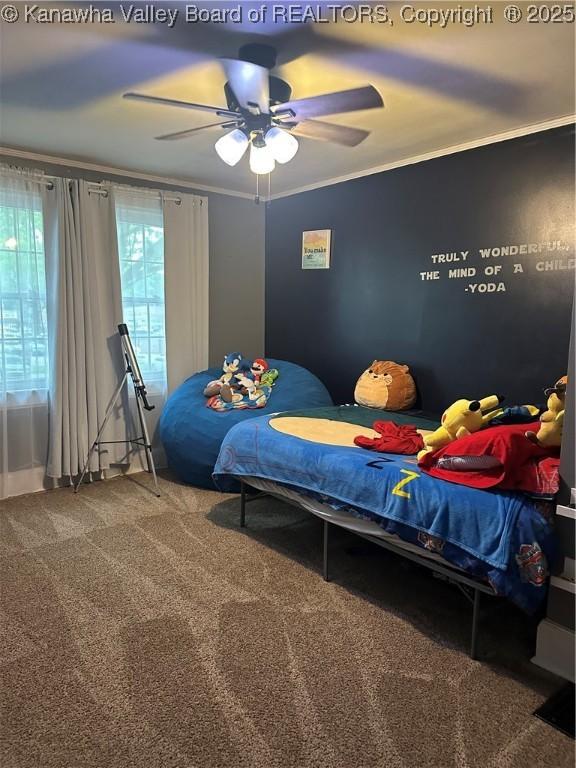 5505 Washington Ave, Charleston, WV 25304 - carpeted bedroom featuring ornamental molding and a ceiling fan