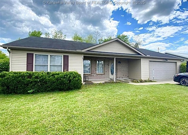 ranch-style home featuring an attached garage, a front yard, concrete driveway, covered porch, and brick siding