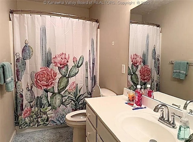 bathroom featuring toilet, vanity, and a shower with shower curtain