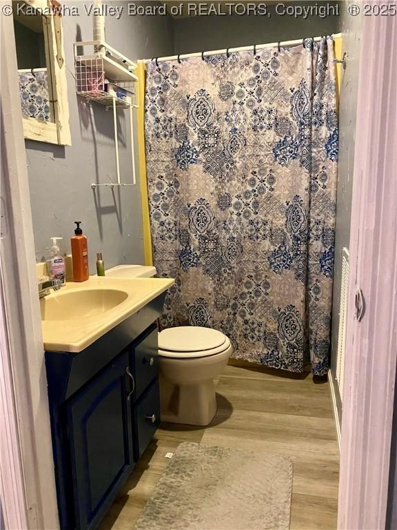 486 Woodland Acres Dr, Ripley, WV 25271 - bathroom with wood finished floors, toilet, vanity, and a shower with shower curtain