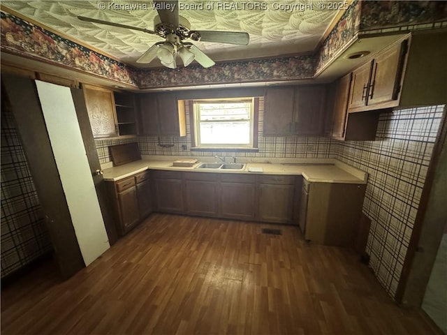 391 Mckinley St, Wharton, WV 25208 - kitchen with dark wood finished floors, a sink, ceiling fan, light countertops, and open shelves