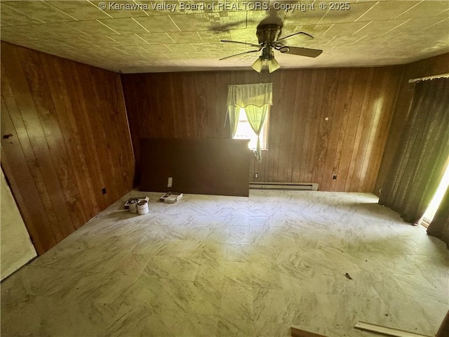 391 Mckinley St, Wharton, WV 25208 - unfurnished room featuring wood walls, a ceiling fan, and a baseboard heating unit